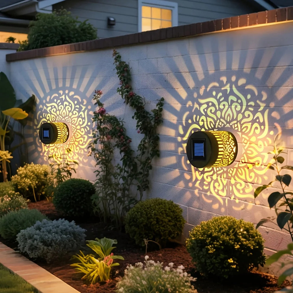 Solar Outdoor Wall Light Projector Waterproof Garden Lamp Patio Fence Decorative Hollow Lantern Lawn Yard Pathway Decor Lighting Oasis Select