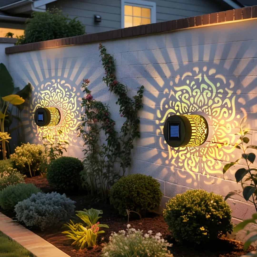 Solar Outdoor Wall Light Projector Waterproof Garden Lamp Patio Fence Decorative Hollow Lantern Lawn Yard Pathway Decor Lighting Oasis Select