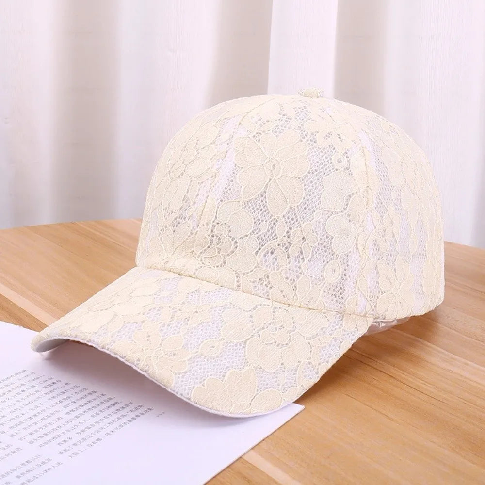 Fashion Breathable Floral Lace Baseball Cap Hollow Adjustable Mesh Baseball Hat Outdoor Sun Hat For Women Oasis Select Beige