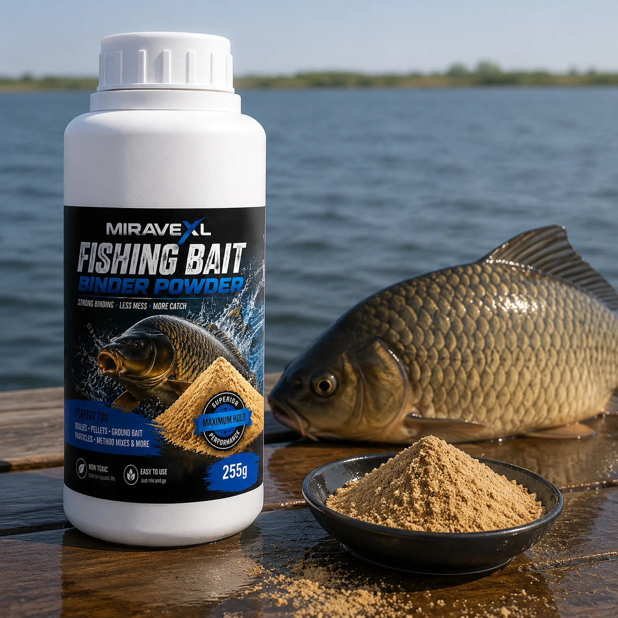 MIRAVEXL Fishing Bait Binder Powder255g Strong Binding Less Mess Maximum Catch Perfect for Boilies Pellets Ground Bait Particles Oasis Select