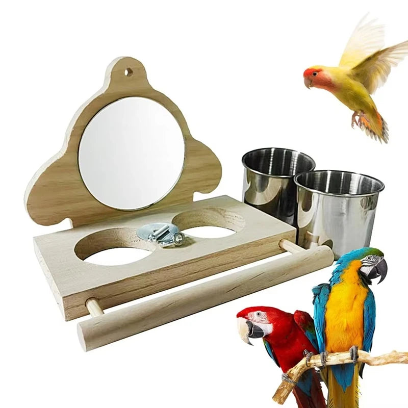 WISH Parrot Perch Wooden Parakeet Mirror Toy Bird Parrot Perch With Mirror And Feeding Cups Cage Play Toy For Lovebird Oasis Select