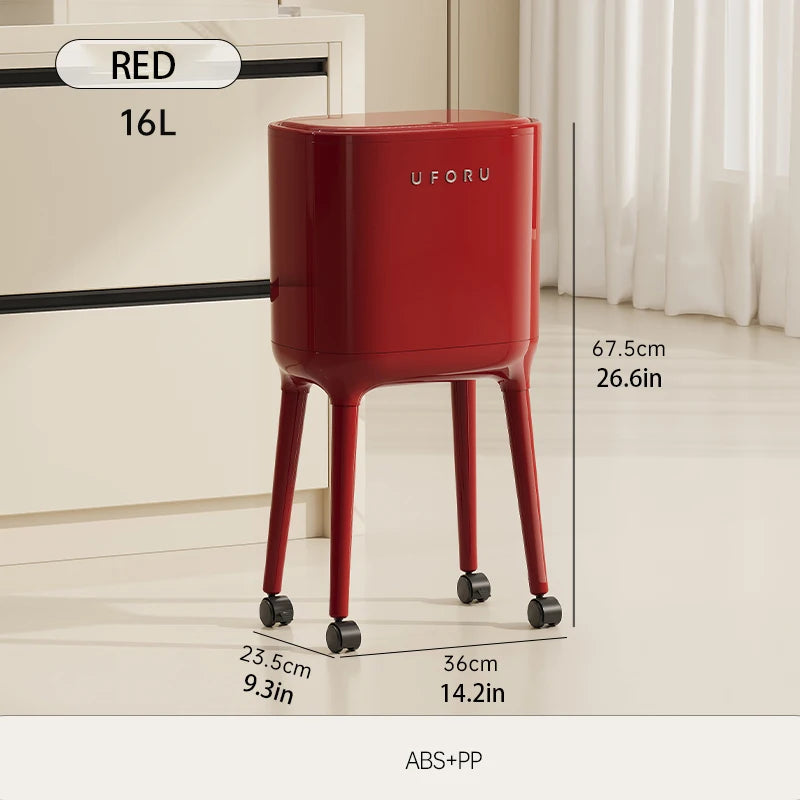 No-Bend High-Leg Trash Can with Press-to-Open Lid - Large Capacity Oval Kitchen & Living Room Bin, Durable Plastic Oasis Select Red