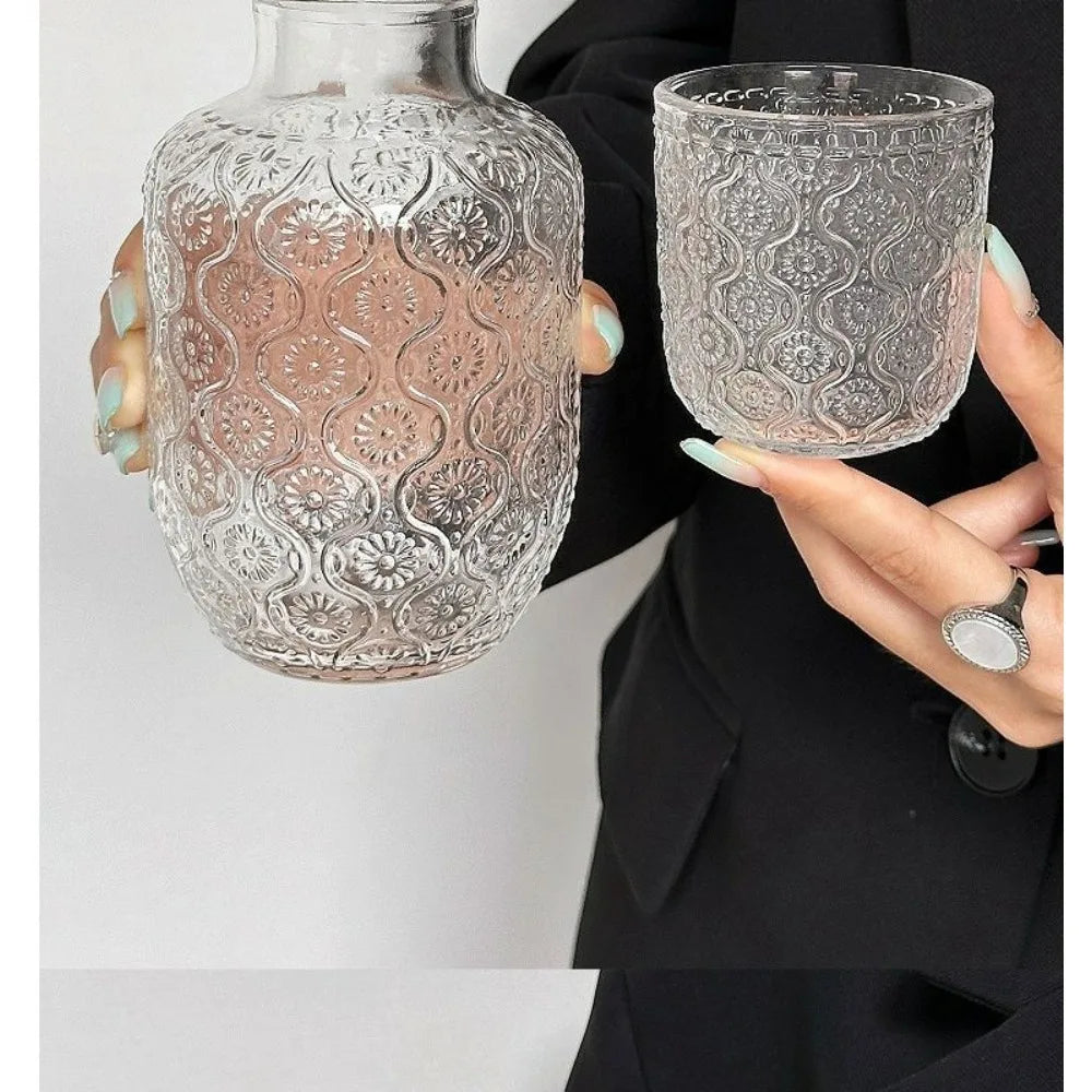 Flower Glass Teapot Vintage Water Cold Kettle Juice Glass Coffee Cup Water Glass Set Bedside Night Carafe for Midnight Drink Oasis Select