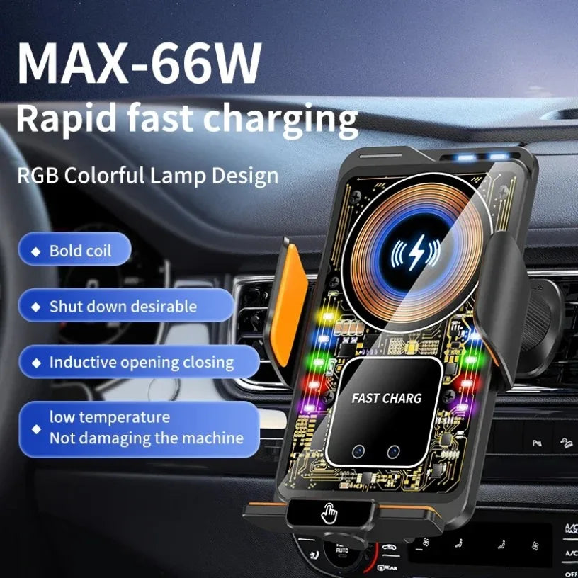 Magnetic 15W Car Wireless Charger Max 66W Fast Charging Auto-Clamping RGB Light Phone Holder Stand Bracket For iPhone Samsung Oasis Select