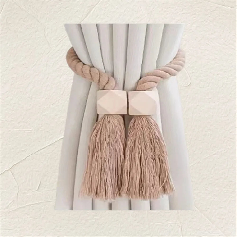 Hand-woven solid wood magnetic knot curtain tiebacks with Boho style, suitable for living room and bedroom home decoration. Oasis Select Beige-square