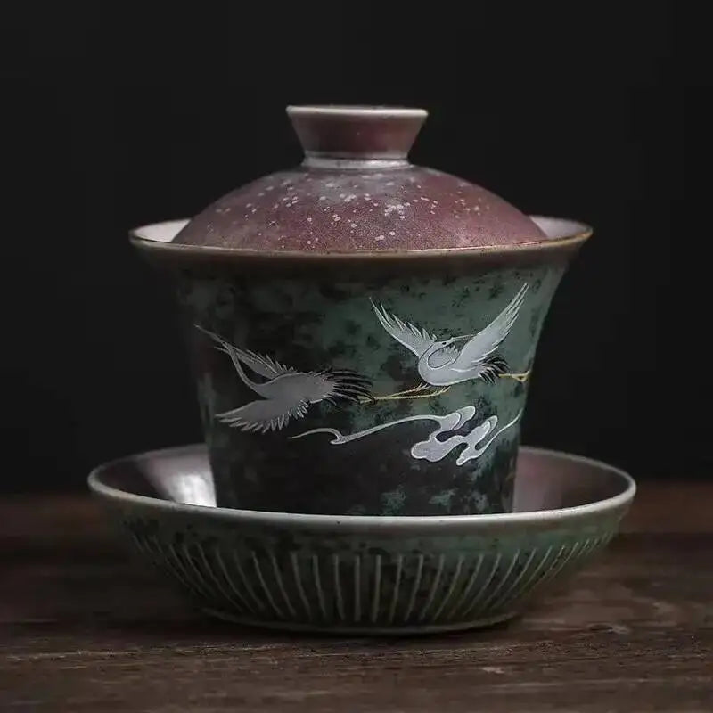Japanese Kiln Change Color Ceramic Sancai Gaiwan Kung Fu Tea Set Household Tea Brewer Creative Crane Large Serving Tea Bowl Oasis Select lu Cover Bowl 210ml