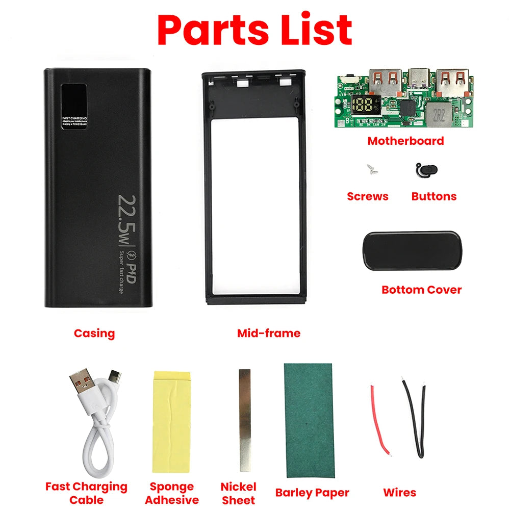 22.5W Fast Charging Power Bank DIY Kit 1260110 Battery Case Power Bank Type C Supports PD/QC/VOOC 20000mAh Power Bank Case Oasis Select Black Kit