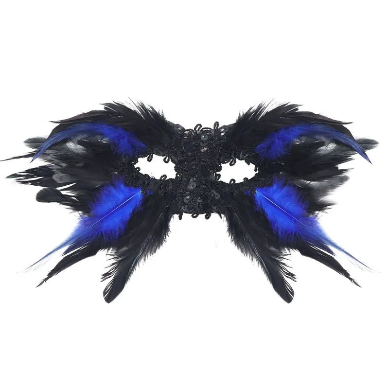 Gothic Halloween Feather Half-face Mask Performance Ball Eye Mask Sequins Oasis Select Black blue