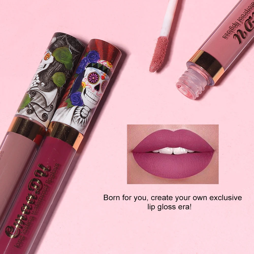 1pcs Matte Lip Gloss - Long-Lasting, Waterproof, Non-Fading, for All Skin Types - Vibrant Red Shades with Floral & Skull Designs Oasis Select
