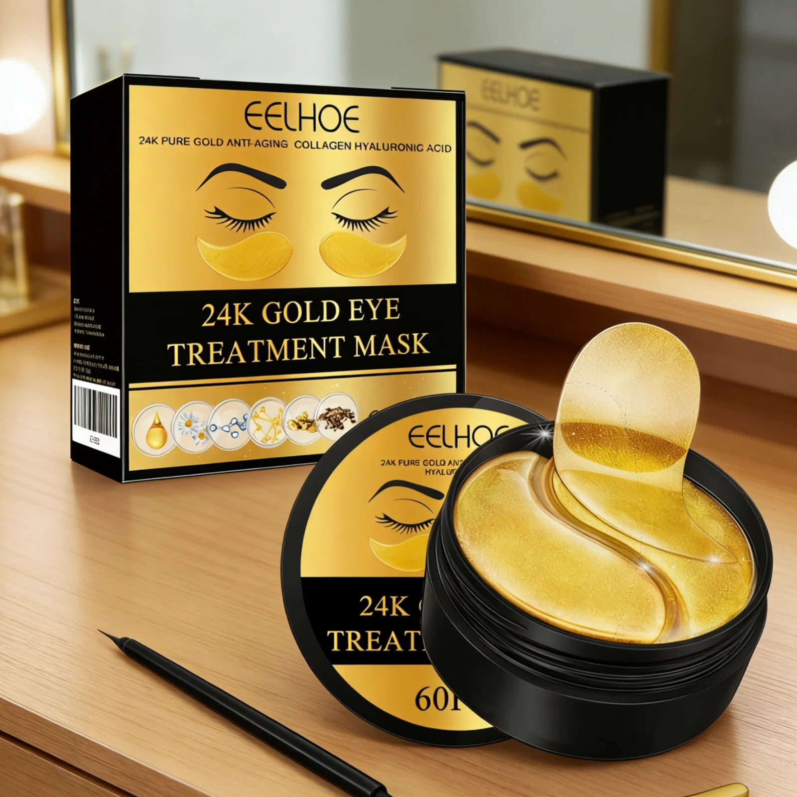 EELHOE 24k Gold Eye Treatment Mask Collagen Hyaluronic Acid Anti Wrinkle Reduce Dark Circles Daily Skin Care Under Eye Patches Oasis Select
