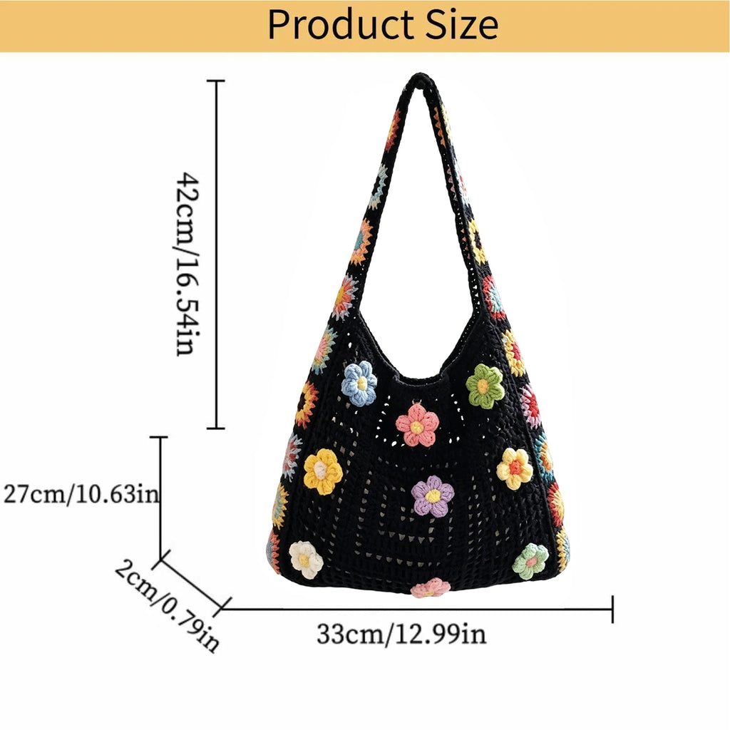 Boho Crochet Bag Flowers Knitted Handbags Large Capacity Summer Beach Woven Shoulder Bag Girls Tote Shopper Bags Handbags Lady Oasis Select Black