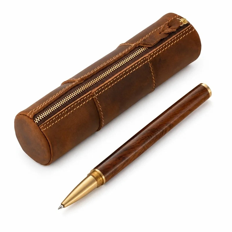 New vintage leather zipper pencil case, top-grain zebra leather handmade wallet, student stationery storage bag Oasis Select