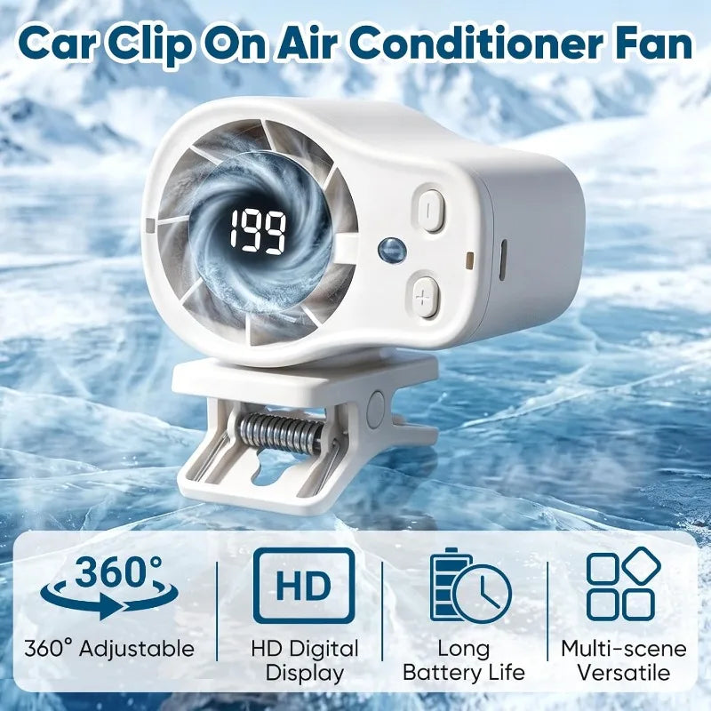 Clip on Semiconductor Cooling Car Fan USB Rechargeable Portable Desk Fan LED Display 360 Rotation Quiet Long Battery for Camping Oasis Select
