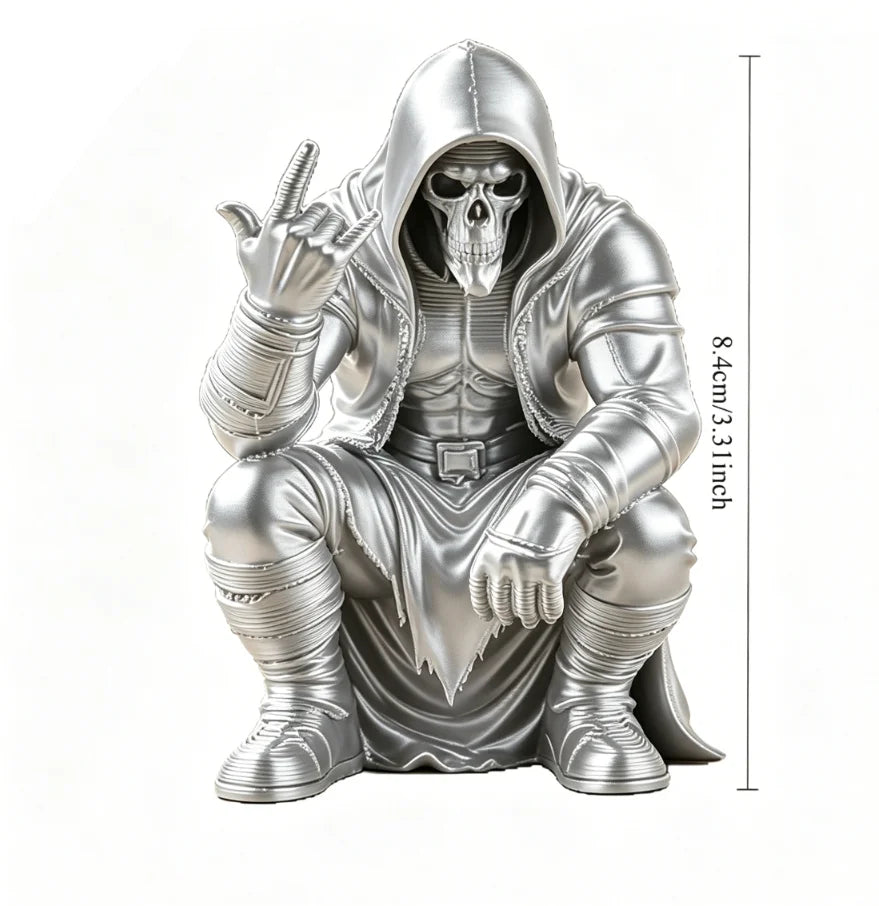 Creativity Hooded Skull Figurine Ornaments Squatting Gothic Grim Reaper Statue Handicraft Desktop Ornament for Home Office Decor Oasis Select Hood silver