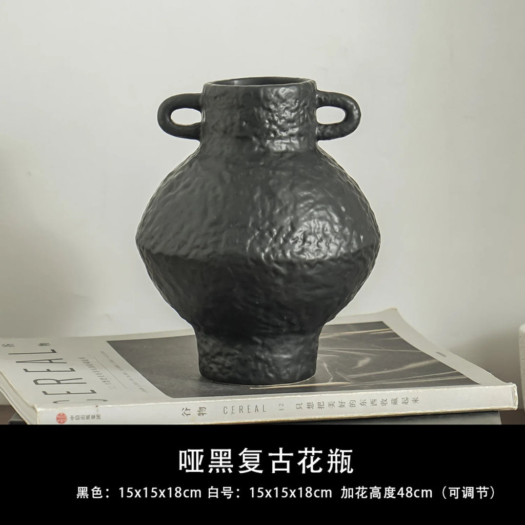 Ins-style Retro Ceramic Vase, Artistic Flower Vase, Living Room Flower Arrangement, Double-ear Pendant, Simple and Elegant Vase Oasis Select Black