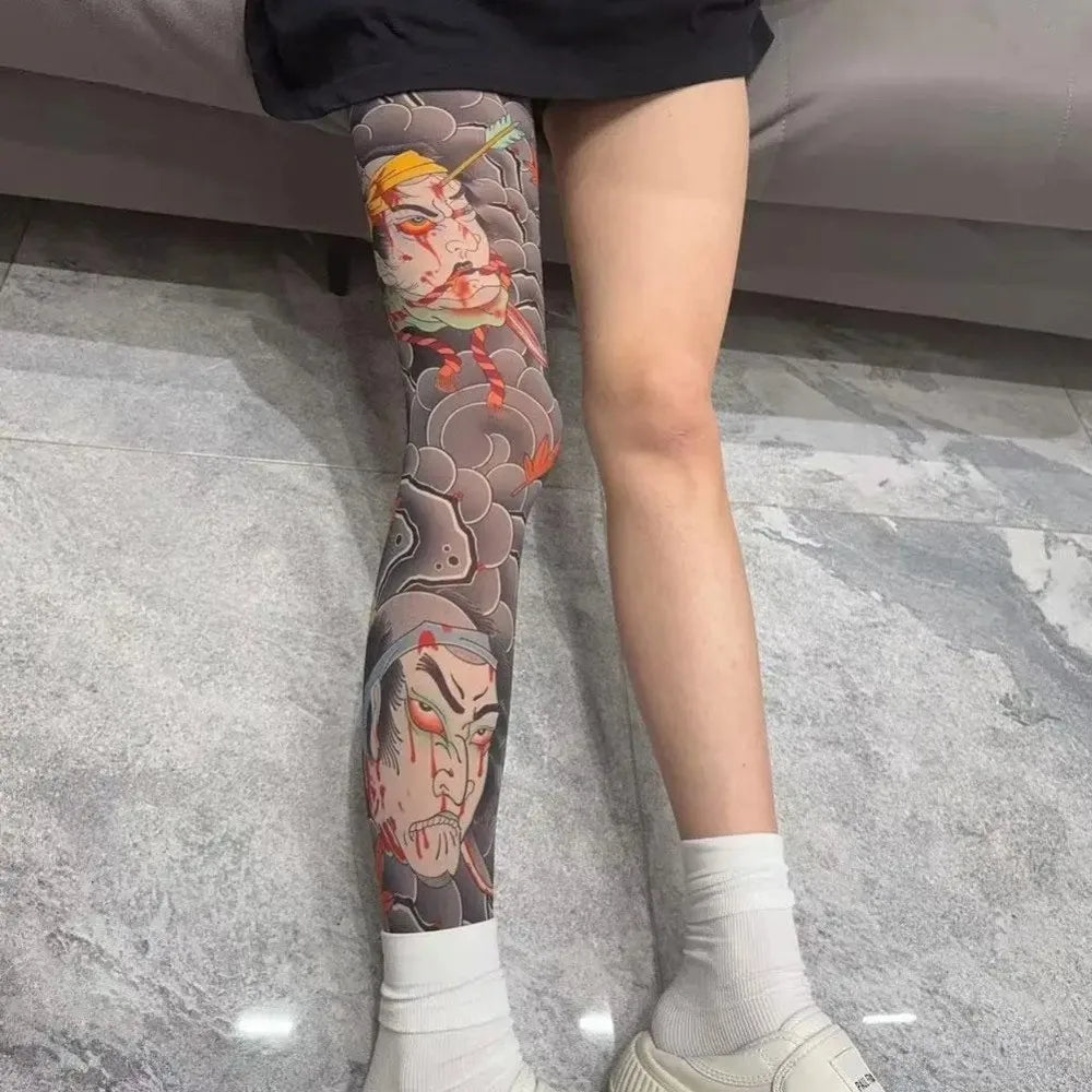 Full Leg Fake Tattoo Socks Sun-proof Printed Tights Fishing Elastic