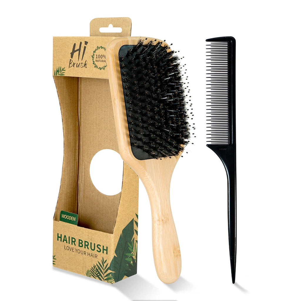 2-in-1 100% Natural Wooden Hair Brush & Rat Tail Comb Set - Professional Bristle Brush for Detangling, Scalp Massage & Hair Care Oasis Select 887-2B-182-BOX