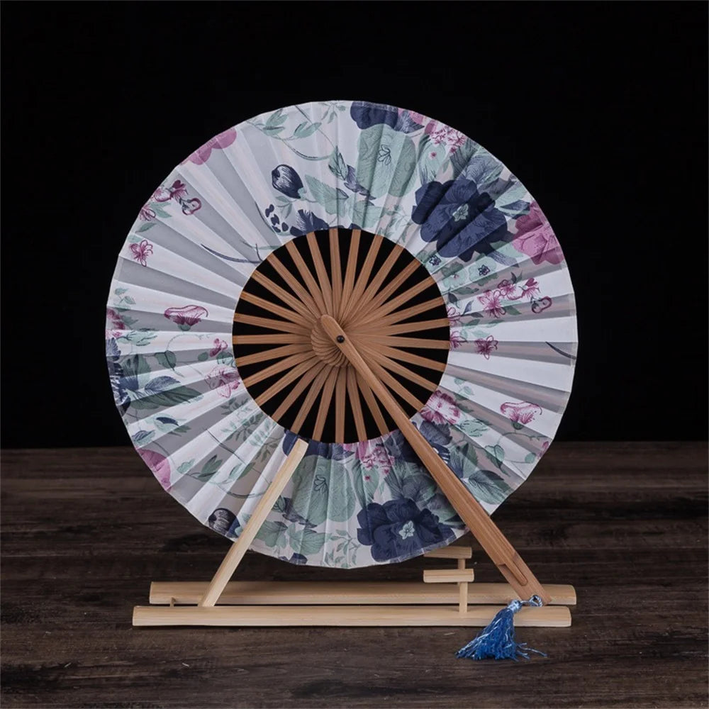 New Japanese Sakura Flower Pocket Folding Hand Fan Round Circle Party Decor Gift Bamboo Windmill Folding Fan Chinese Fans Oasis Select Cerulean color