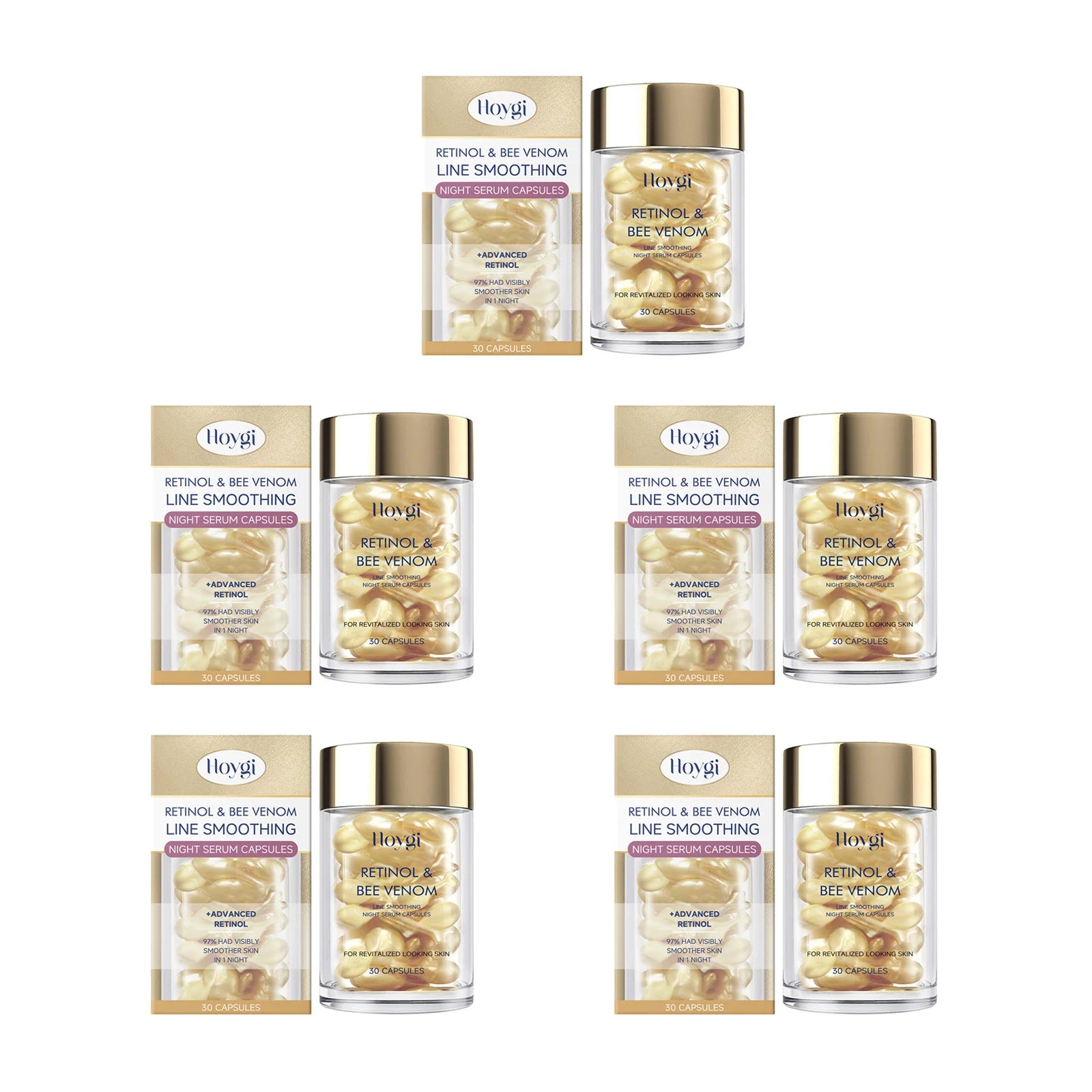 Retinol Bee Venom Facial Capsules Anti-Wrinkle Firming Smoothing Moisturizing Facial Skin Anti-Aging Night Serum for Face & Neck Oasis Select 5 x 30pcs Boxed