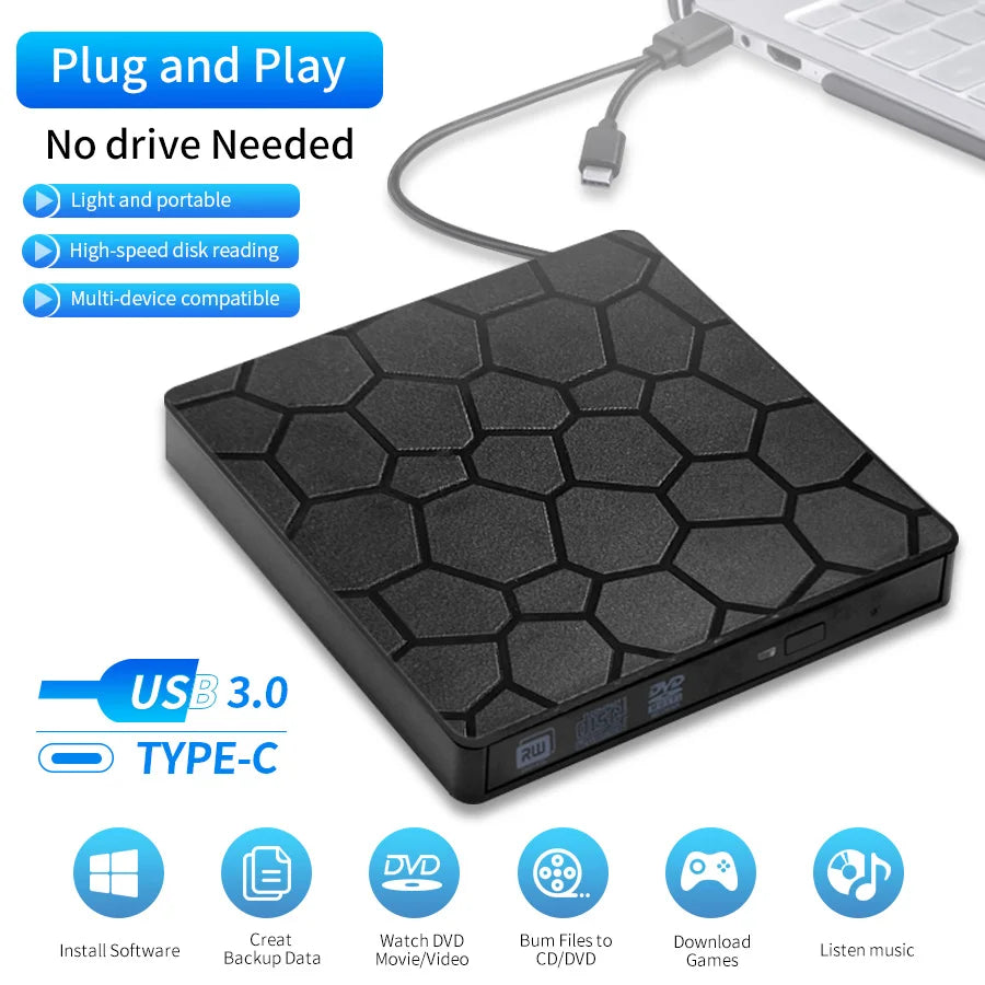 GGBEE External DVD CD Burner USB 3.0 & USB-C for Laptop PC External Optical Drive Oasis Select