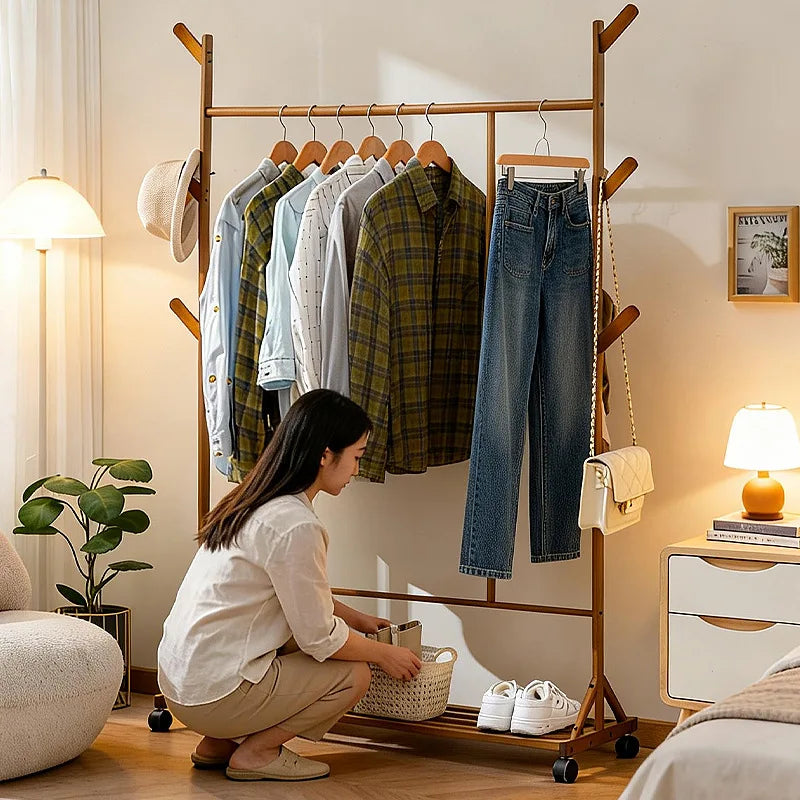 Simple coat rack Hanging hanger Floor to ceiling Living room Bedroom hanger Children's creative solid wooden clothes rack Oasis Select