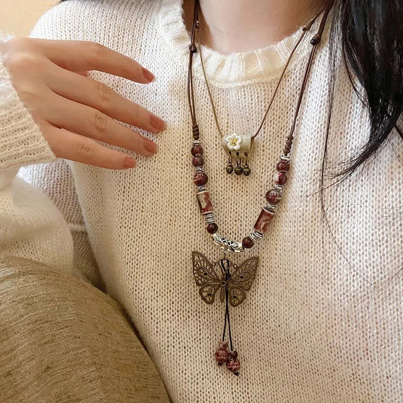 Vintage Ceramic Butterfly Pendant Necklace for Women 2025 New Chinese Ethnic Style Long Sweater Chain Necklace Jewelry Accessory Oasis Select