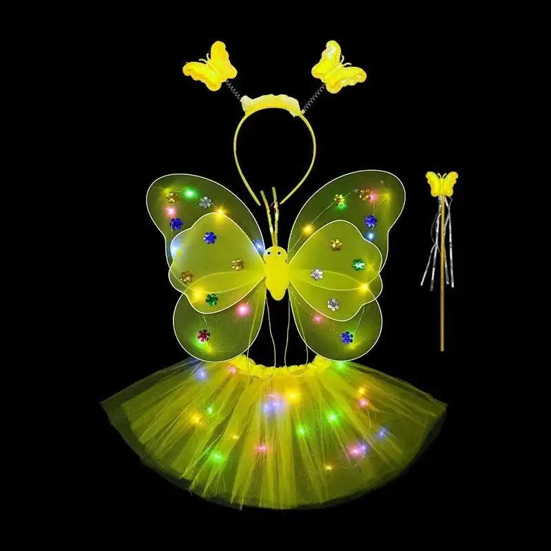 Luminous Wings Flashing Butterfly Skirt Lights Suit LED Children Costume Girls Angel Fairy Prop Photography Performance Wear Oasis Select Yellow OneSize