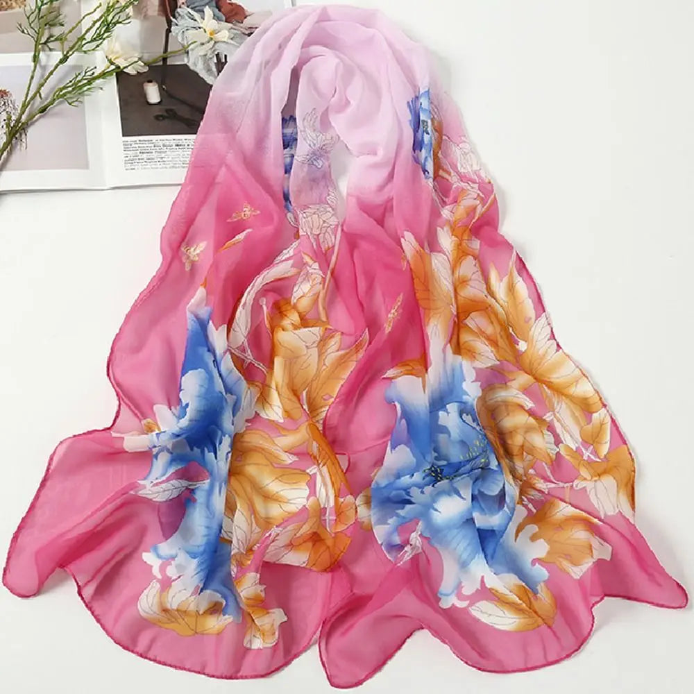 Elegant 160*50cm Chiffon Scarf Sunscreen Gradient Shawl Silk Flower Print Washable Beach Gauze Scarf for Women Oasis Select