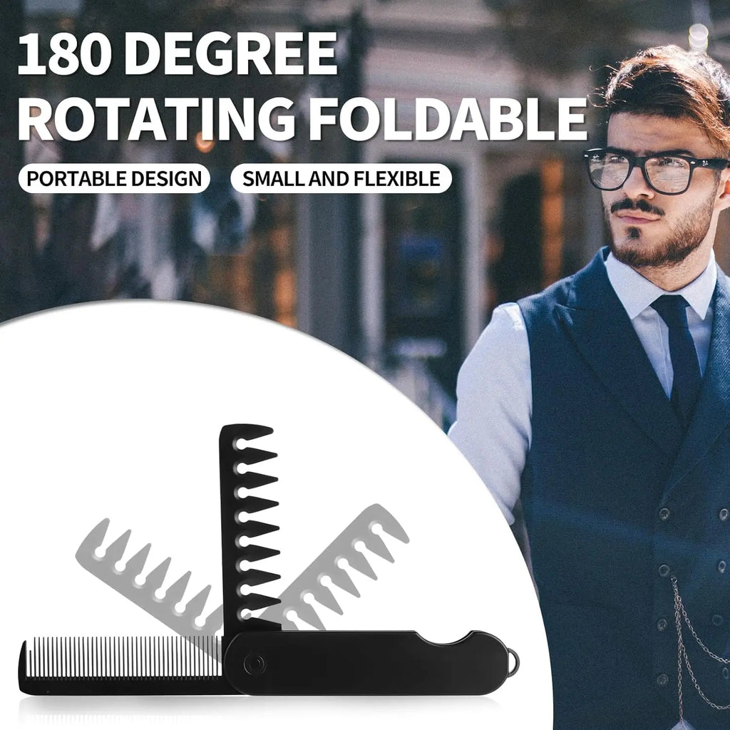 Mens Folding Pocket Comb 2 in 1 Fine Wide Tooth Portable Travel Hair Beard Grooming Kit Compact Black EDC Accessory Oasis Select