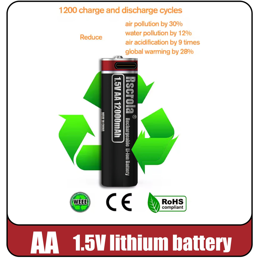 New AA 12000mAh+AAA 6800mAh Rechargeable Batteries Lithium-ion 1.5V AA Rechargeable Batteries 1.5V AAA Battery with USB-C Cables Oasis Select