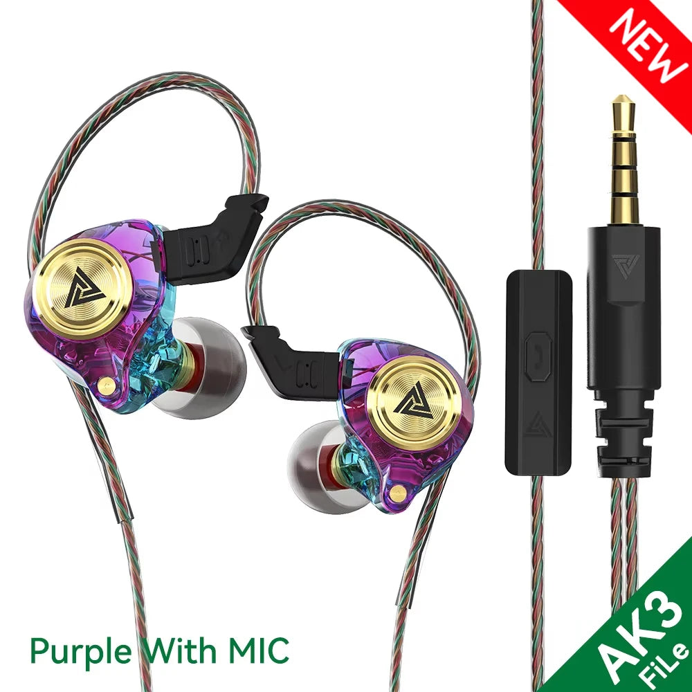 QKZ AK3 FiLe Wired Earphone with Microphone HiFi Music Monitor Bass Headphones Noise Cancelling Headset For Sport Gaming Earbuds Oasis Select AK3FiLe Purple(New)