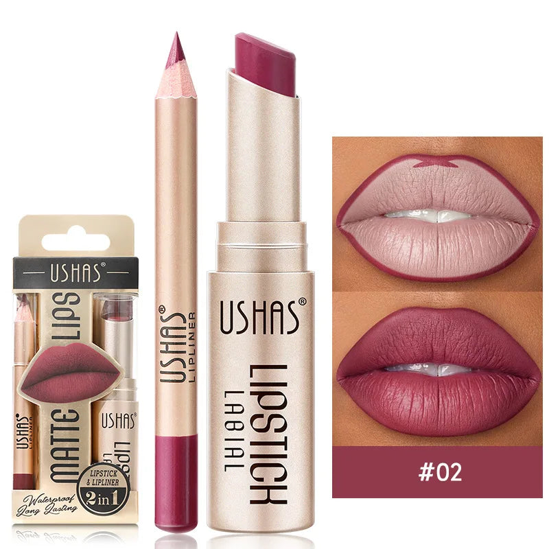 USHAS 12-Color Matte Lipstick & Lip Liner Set – Long-Lasting