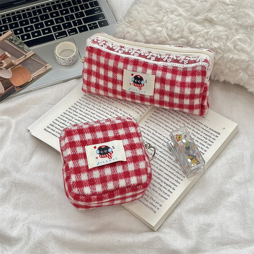 Knitted Plaid Student Stationery Pencil Case Multifunctional Storage Cosmetic Bag Portable Stationery Box Oasis Select