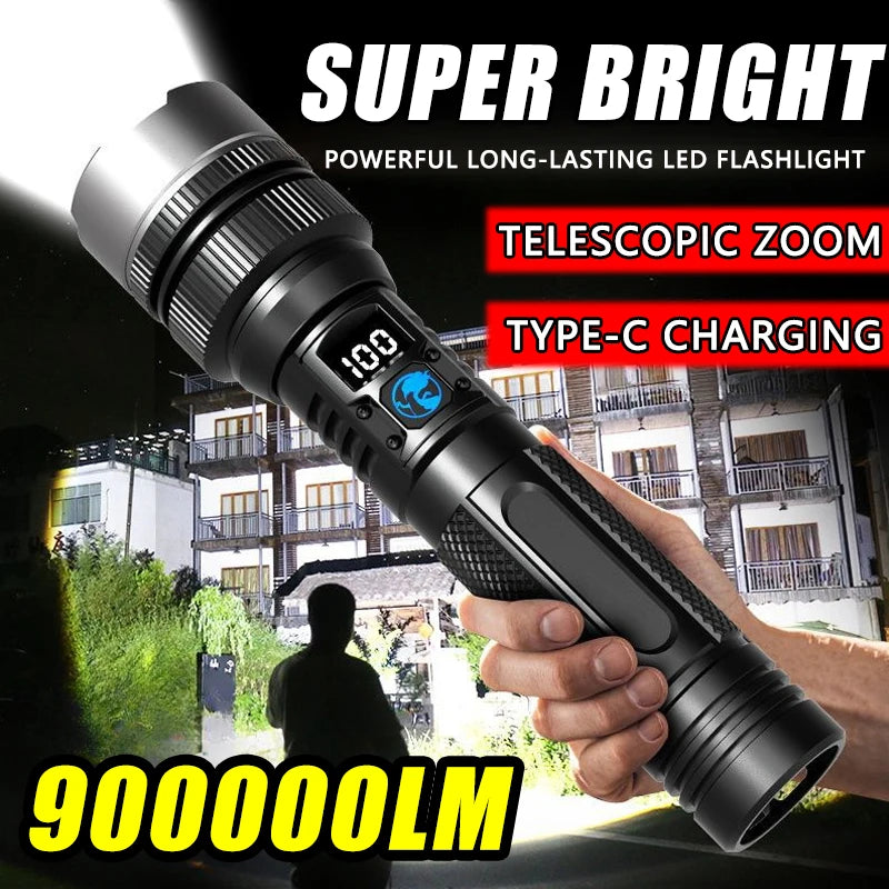 900000LM Powerful LED Flashlight Type-c Rechargeable Zoom Torch with Digital Display Handheld Flashlights for Camping Hiking Oasis Select