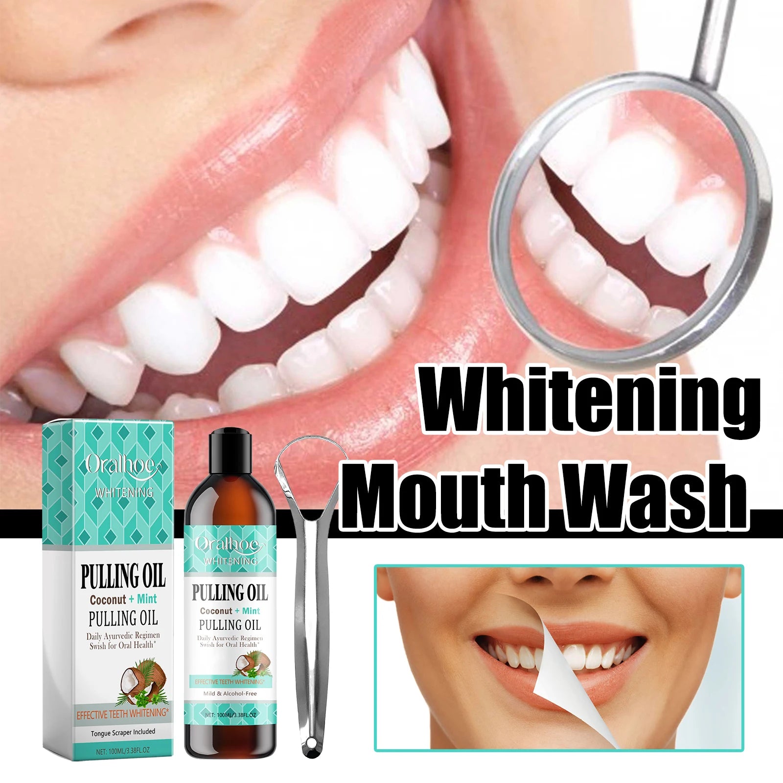 Coconut Mint Pulling Oil Mouthwash Kit With Tongue Scraper Fresh Oral Breath Odor Removal Alcohol-Free Whiten Tool Mouth Care Oasis Select