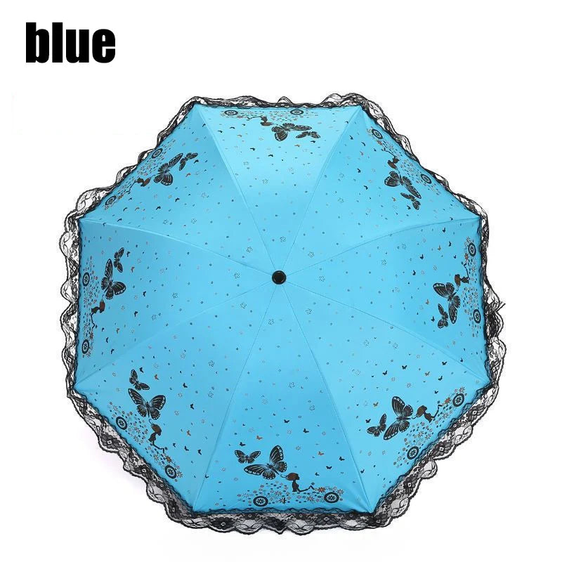 Butterfly Lace Printed Sunshade Umbrella For Both Rain Triple Fold Wind Resistant and Sun ResisTant Black Rubber Umbrella Oasis Select blue 8K