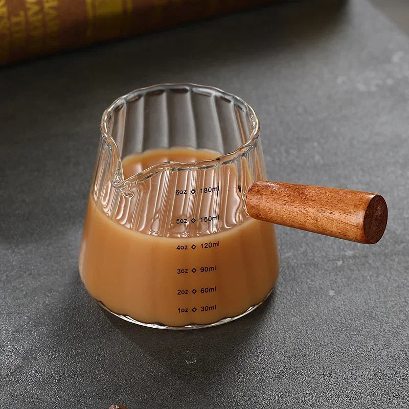 180ML Espresso Cup with Wood Handle Coffee Measuring Glass Milk Frothing Jug Latte Creative Stripe Art Mug Coffee Accessories Oasis Select Clear 180ml