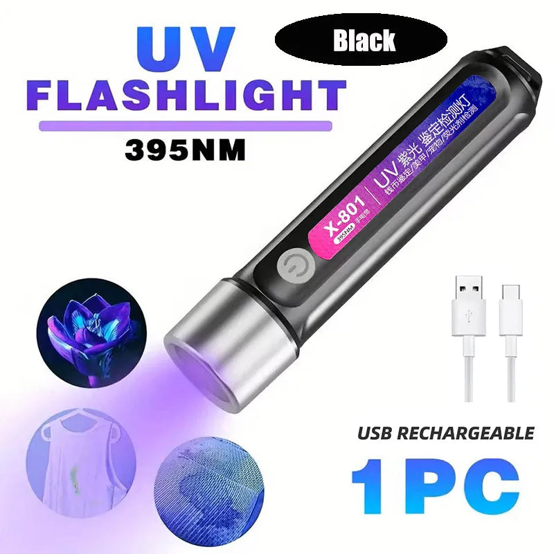 365/395nm UV Flashlight Rechargeable Mini Violet Torch Portable Ultraviolet Cat Tinea Money Ore Marker Inspection Flashlights Oasis Select X801 BLACK-365nm