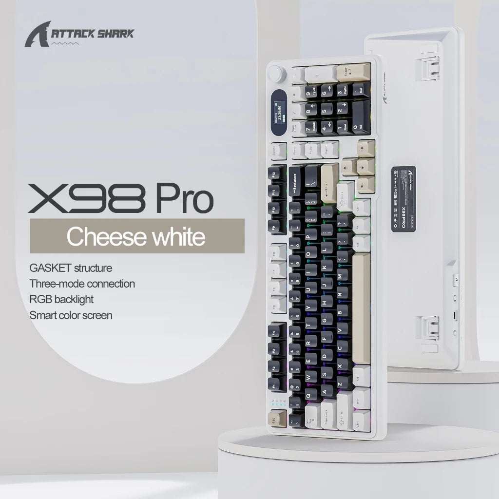 Attack Shark X98 Pro Mechanical Keyboard 3-Mode Wireless (BT/2.4G) Gasket Mount Hot-Swap RGB & TFT Screen | 4000mAh 80% Layout Oasis Select X98pro-Cheese white