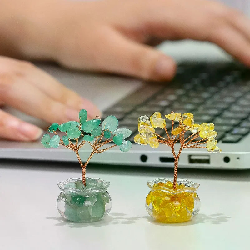 Natural Yellow Crystal Money Tree Mini Red Agate Office Desk Ornament Cartoon Feng Shui Lucky Plant Decor for Business Space Oasis Select