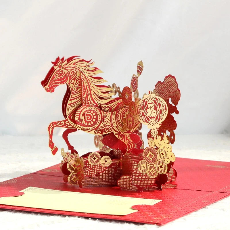 2026 Year of The Horse Lunar New Year 3D Bounce Card, Gold Horse Greeting Card with Memo Paper and Envelope Oasis Select Red