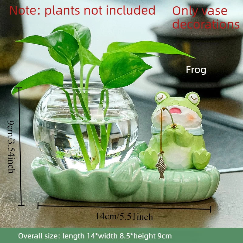 Lovely Animal Shaped Hydroponic Vase Panda & Fortune Frog Ornament Creative Desktop Decor for Home & Festival Gift Oasis Select Frog