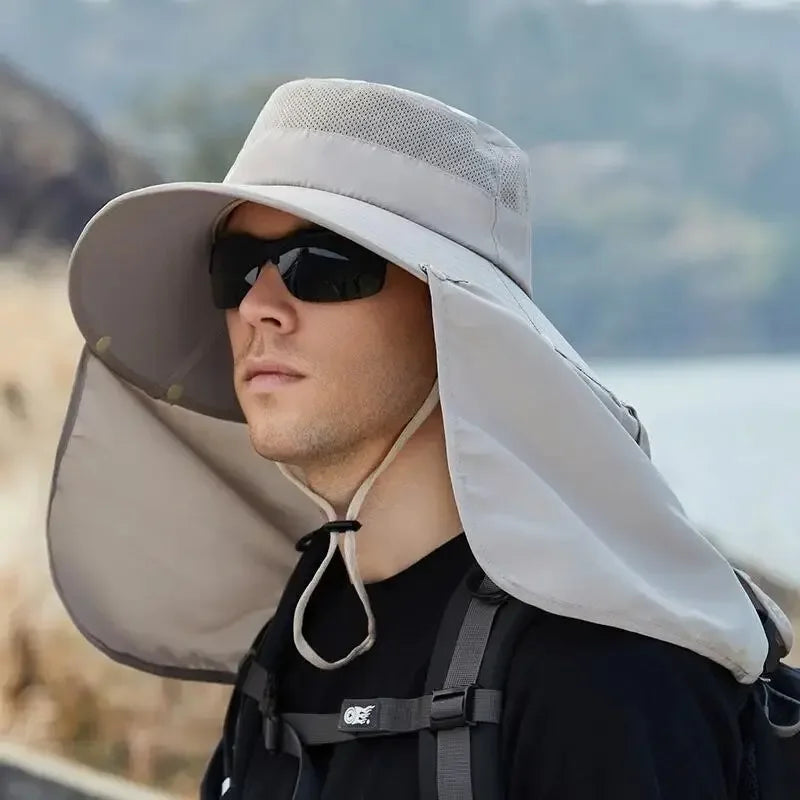 Fishing Hat for Men Summer Outdoor Sun Protection Cap with Neck Flap Wide Brim Fisherman Hat for Hiking Camping Beach Oasis Select Beige-1PC