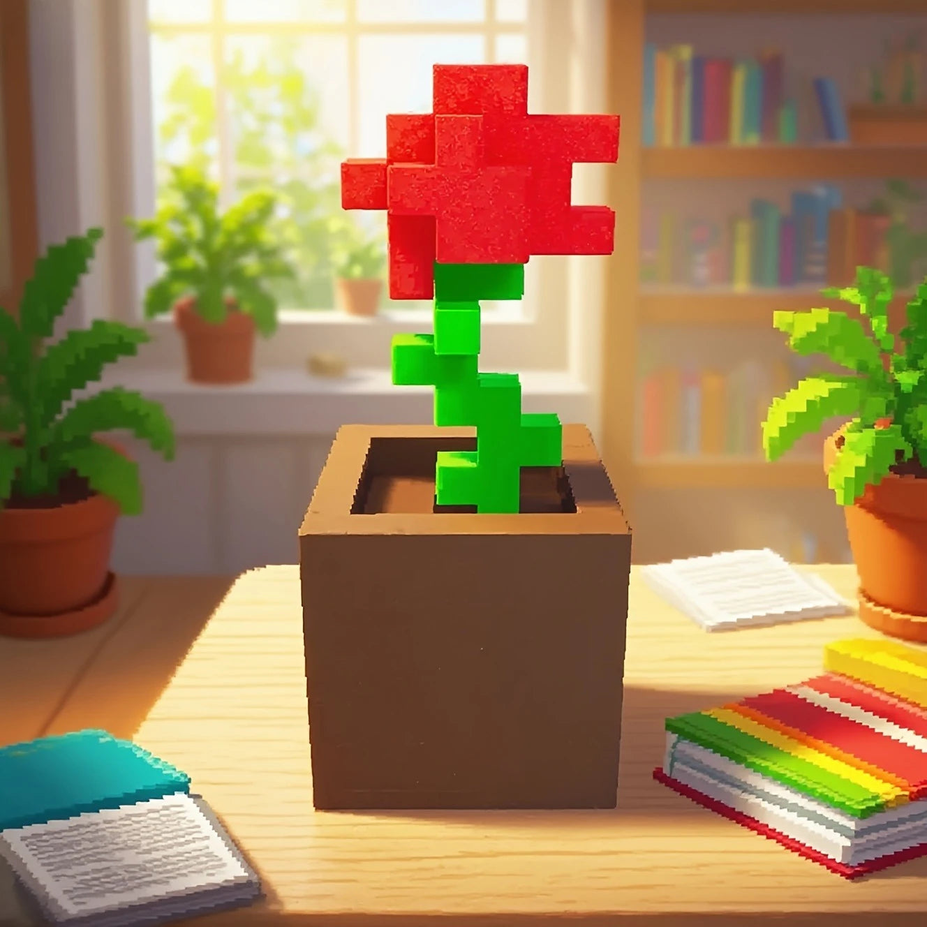 3D Printed Pixel Rose Flower Figurine Romantic Home Desktop Decor Art Ornament Valentine Christmas Birthday Party Holiday Gift Oasis Select