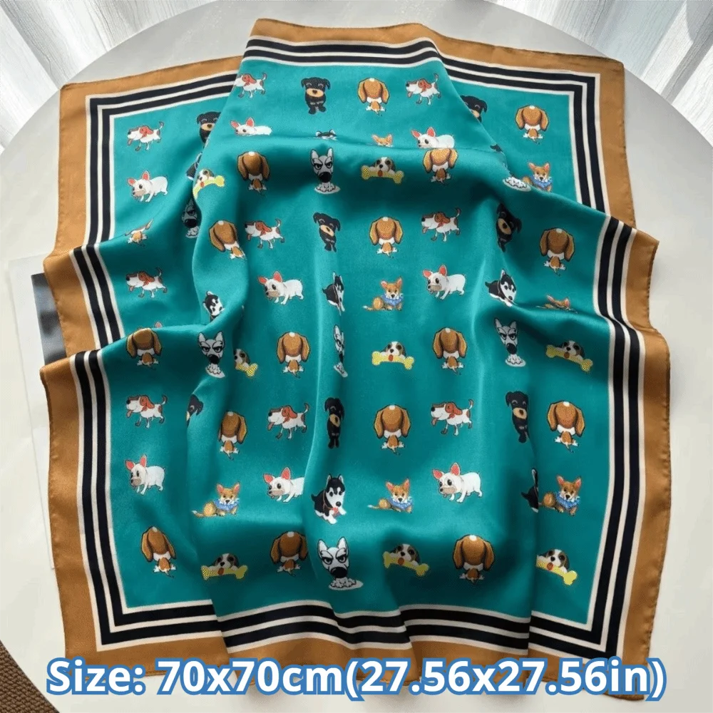 Cute 70x70cm Women Square Scarf Soft Silk Satin Cartoon Dog Print Shawl Hijab Fashion Accessory Oasis Select