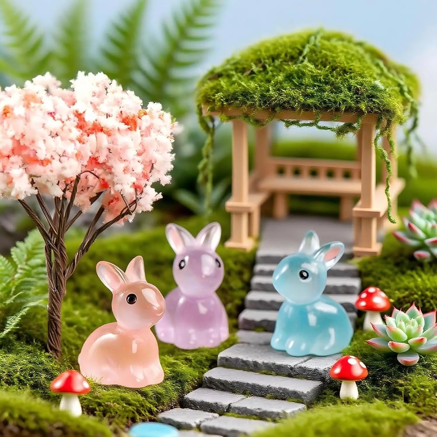 18/36/54 PCS Glow-in-the-Dark Bunny Figurines for Fairy Garden Paths & Micro Landscapes Resin Mini Rabbits Moss Terrarium Decor Oasis Select