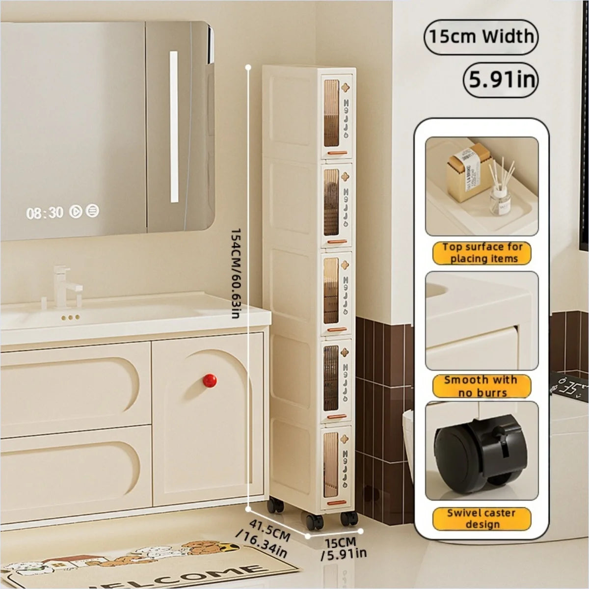 Slim Mobile Storage Cabinet, Space-Saving Narrow Drawer Organizer, Minimalist Multi-Purpose Design for Kitchen/Bathroom/Living Oasis Select 15cm 5 Tiers