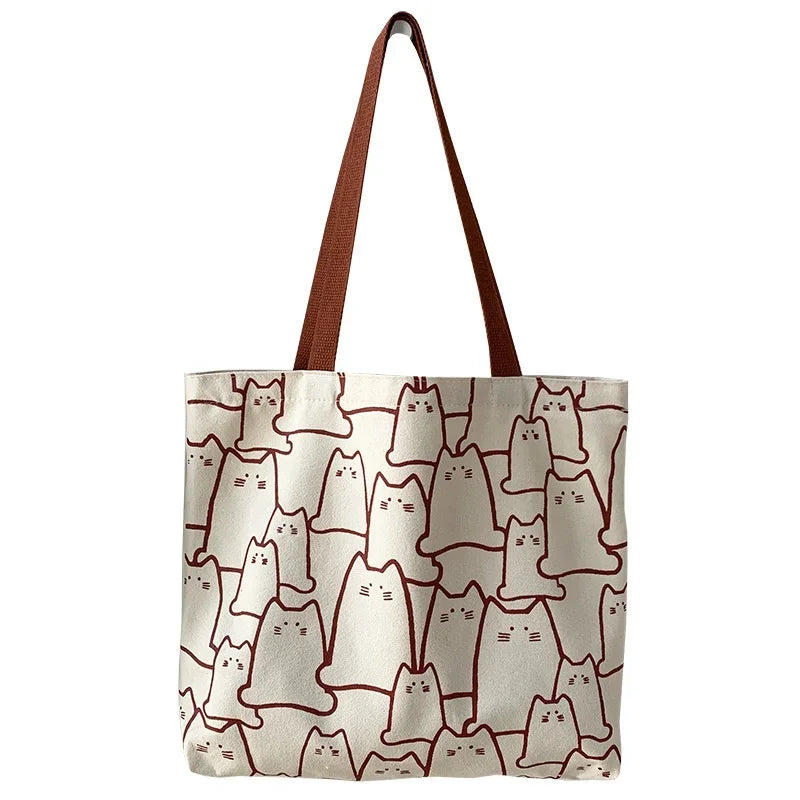 Canvas Bags Handbag for Women Shopper Cute Cat Tote Bag with Zipper Designer Bag Japanese Style Cartoon Small Shoulder Oasis Select