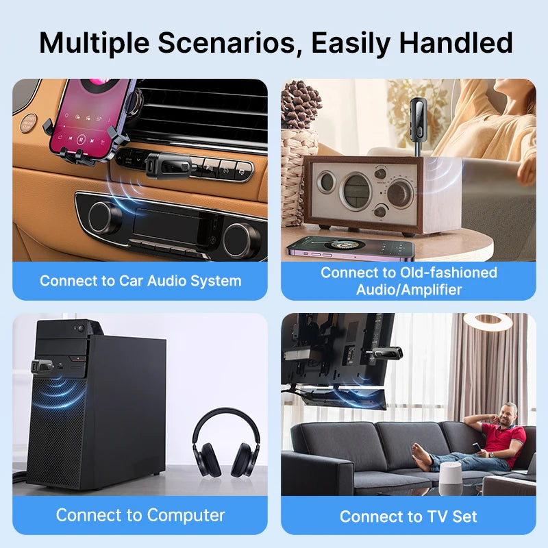 VAORLO Bluetooth 5.5 Audio Receiver Transmitter Support TF Card Play 3.5MM AUX Stereo Music Wireless Adapter With Mic For Car PC Oasis Select