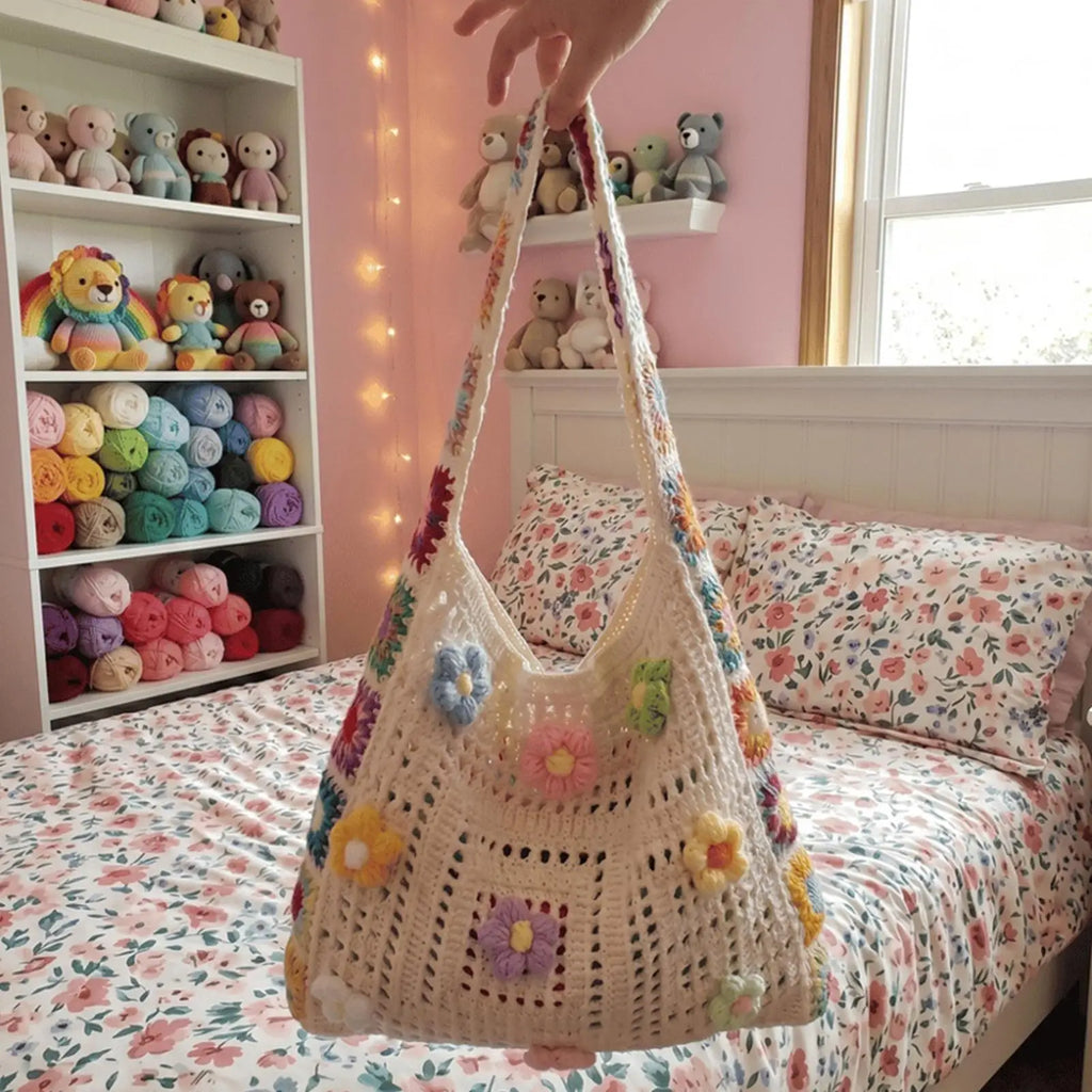 Boho Crochet Bag Flowers Knitted Handbags Large Capacity Summer Beach Woven Shoulder Bag Girls Tote Shopper Bags Handbags Lady Oasis Select